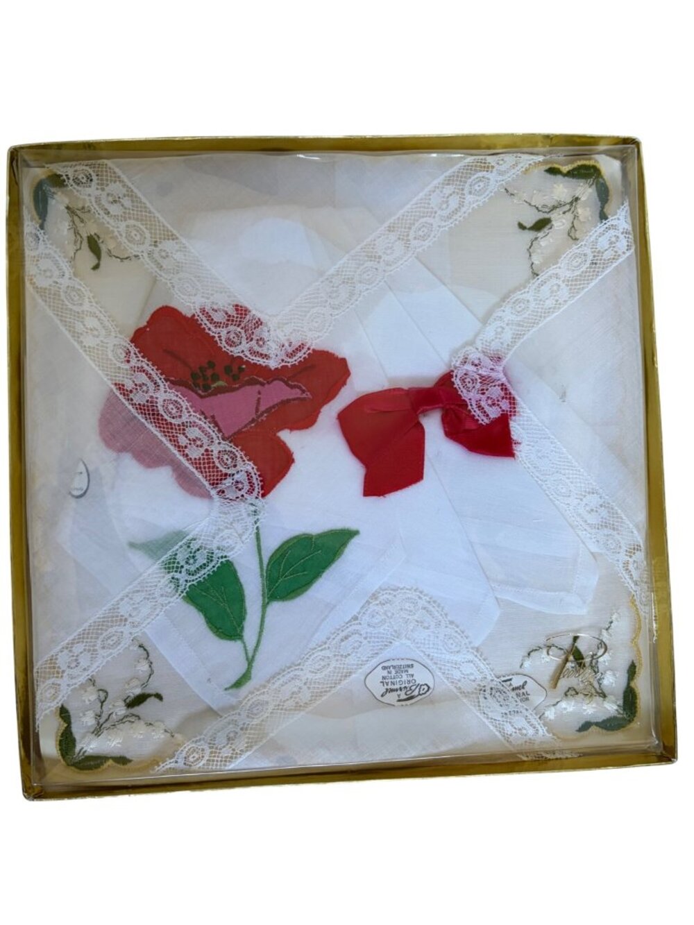 Vintage Burmel Lace Trimmed Floral Handkerchief Gift Set In Box